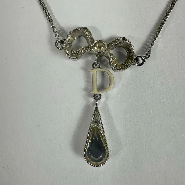 Christian Dior Letter “D” Y-Drop Silver Tone Rhinestone Pendant Necklace - Image 2