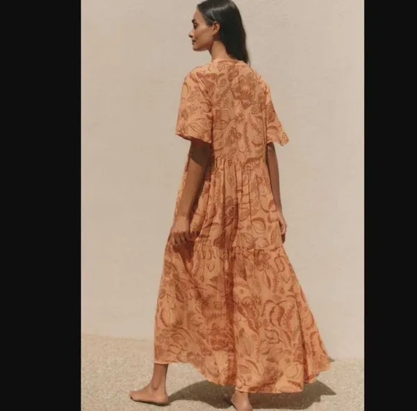 Anthropologie Somerset Maxi Dress Orange Woodblock Floral Tiered Size M - Image 2