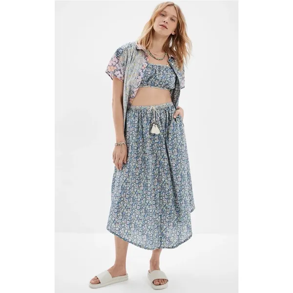 American Eagle Multicolor Floral Boho A-Line Midi Skirt Elastic Drawstring XL - Image 2