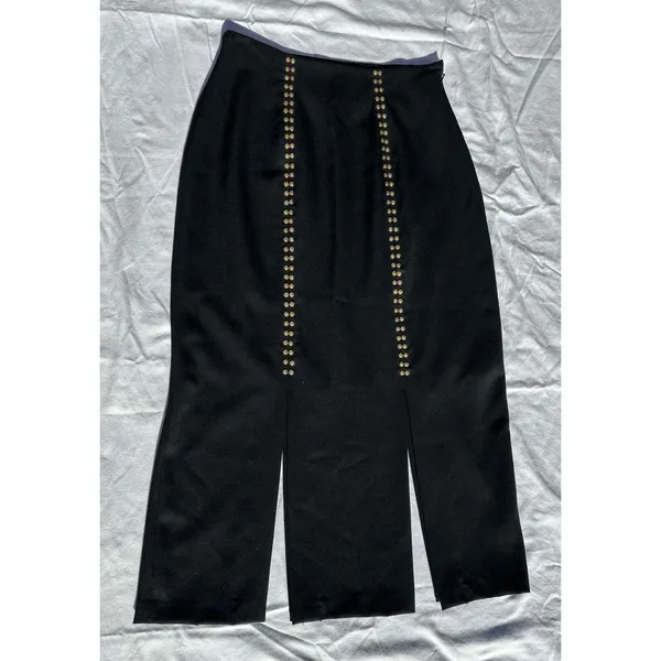 Erez Collections Midi Bedazzled Skirt 100% Wool Gold Studs Slits Black Women's S - Image 4