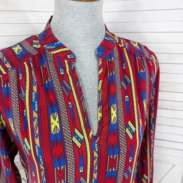 Amanda Uprichard Aztec Native Print Silk Tunic Blouse‎ Red Small - Image 6