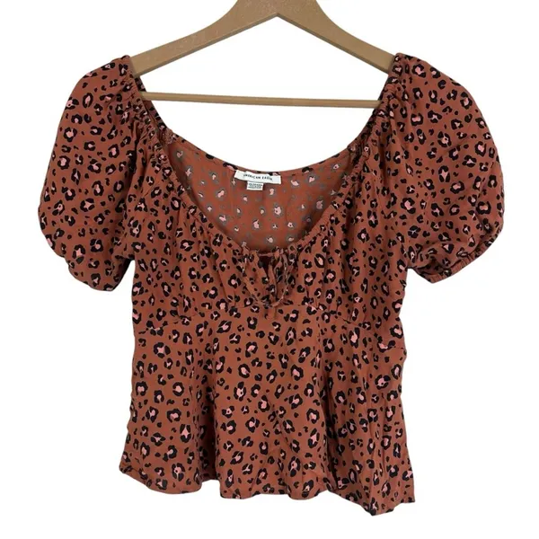 American Eagle Leopard Print Babydoll Top Rust Orange Puff Sleeve Boho Size XS - Image 2
