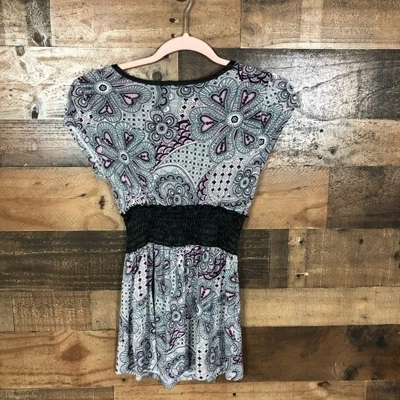 Windsor Womens Paisley Floral Smocked Empire‎ Waist Tunic Top Purple Teal Medium - Image 5