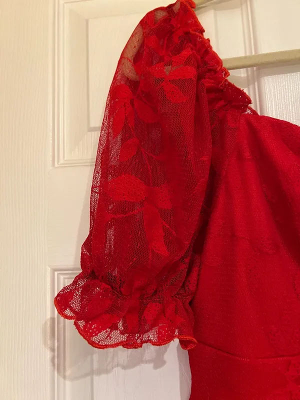 SBetro Plus 1XL Red Lace Overlay Puff Sleeve Sweetheart Mini Dress Coquette NWT - Image 8