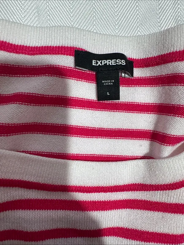 Express White and Hot Pink Striped Crewneck Top - Image 2