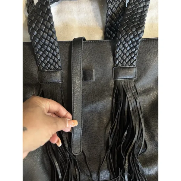 Lionel Handbag Fringe Braided Handles Zip Close Logo Large Compartment‎ - Image 2