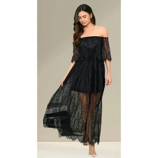 HYFVE NEW Women Black Large Off the Shoulder Lace Dress Whimsigoth Coquette Chic - Image 2