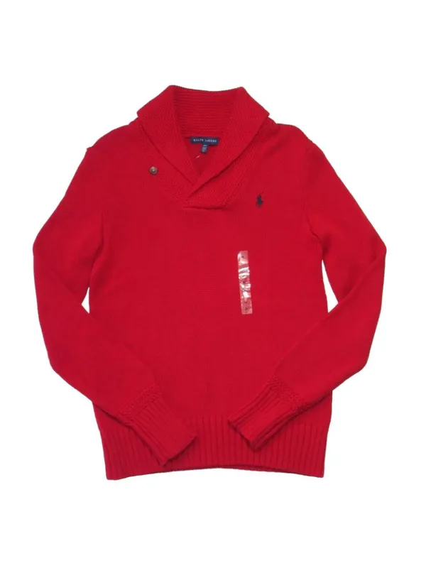 NWT Polo Ralph Lauren Cotton V-neck Shawl Collar Sweater in Fall Red Pullover M - Image 4
