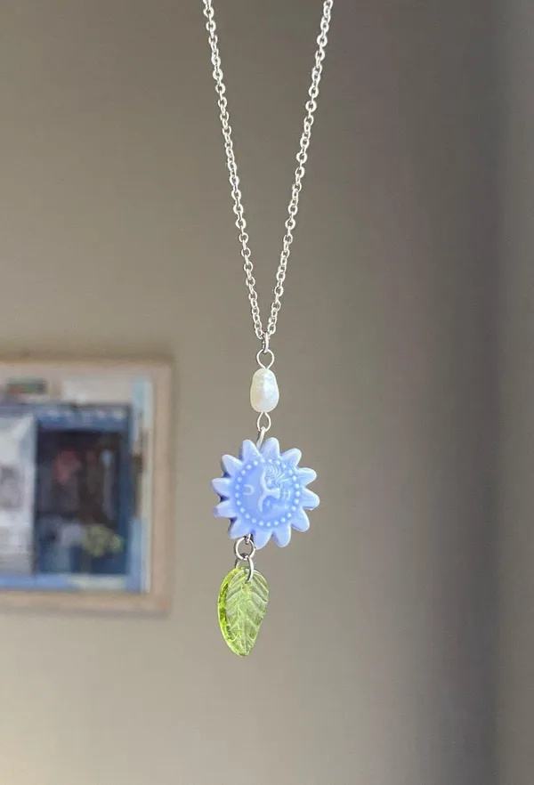Handmade unique funky cute light blue ceramic sun & Czech glass leaf & freshwater pearl necklace☀️🌿 - Image 4