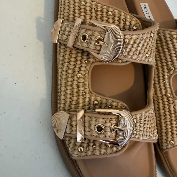 Steve Madden Connely Slide Sandals‎ Women 10 Raffia Double Buckle Studded Raffia - Image 7