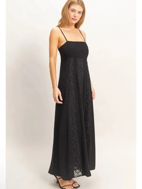 NEW HYFVE Black Linen Blend Lace Panel Maxi Dress – Large - Image 2
