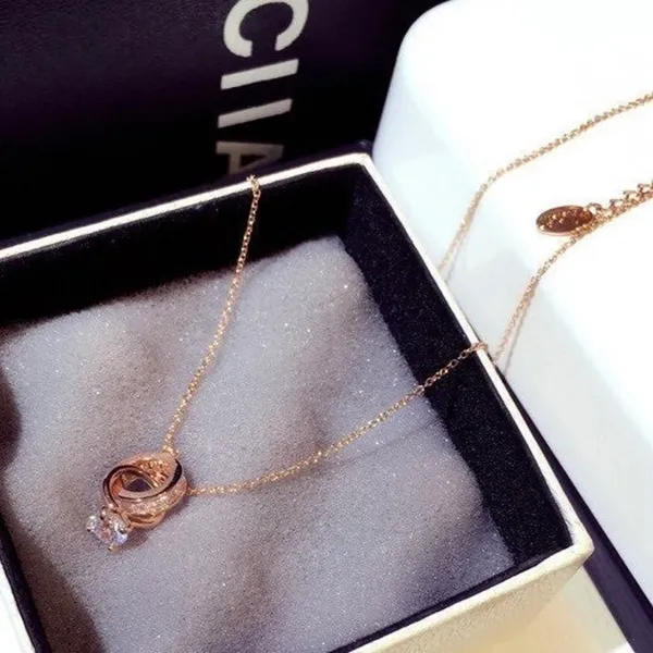 14K Rose Gold Plated Double Rings Pendant Necklace for Women - Image 3