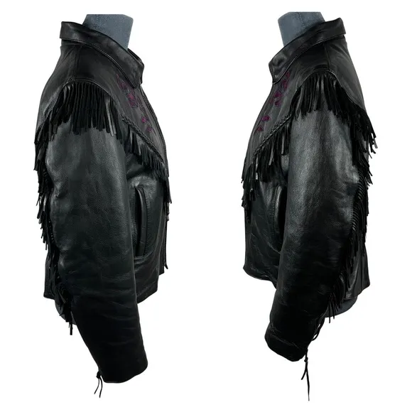 UNIK Leather Fringe‎ Biker Jacket Small Black Purple Rose Inlay Motorcycle Goth - Image 15