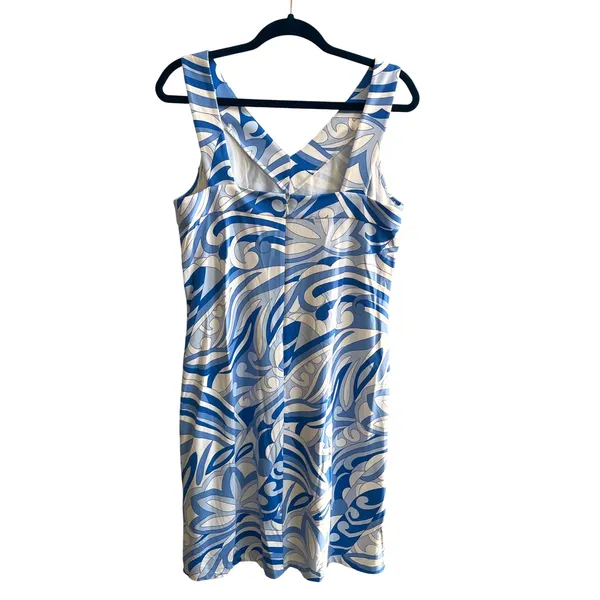 J.McLaughlin Sheath Dress Womens L Blue‎ White Abstract Swirl Preppy V-Neck Mini - Image 4