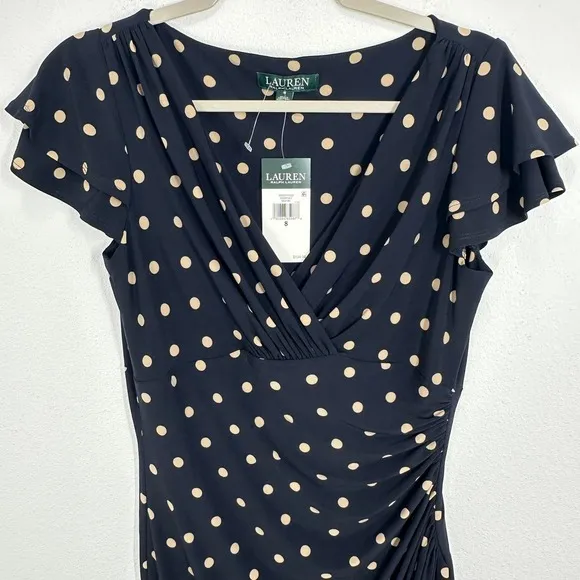 Lauren Ralph Lauren Navy Blue Tan Polka Dot Ruched Sheath Dress‎ Size 8 NWT - Image 2
