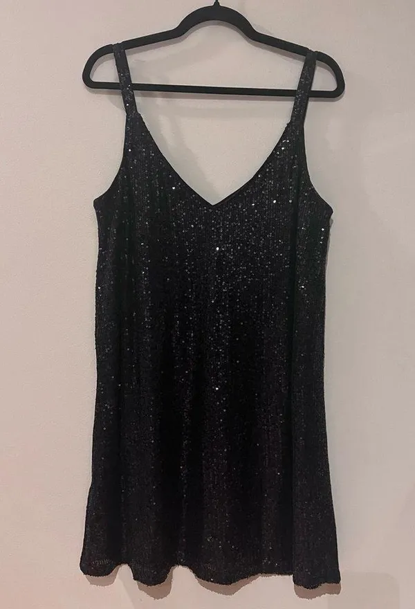 Women’s Sequin V Neck Shift Dress Sparkly Black NWT - Image 3