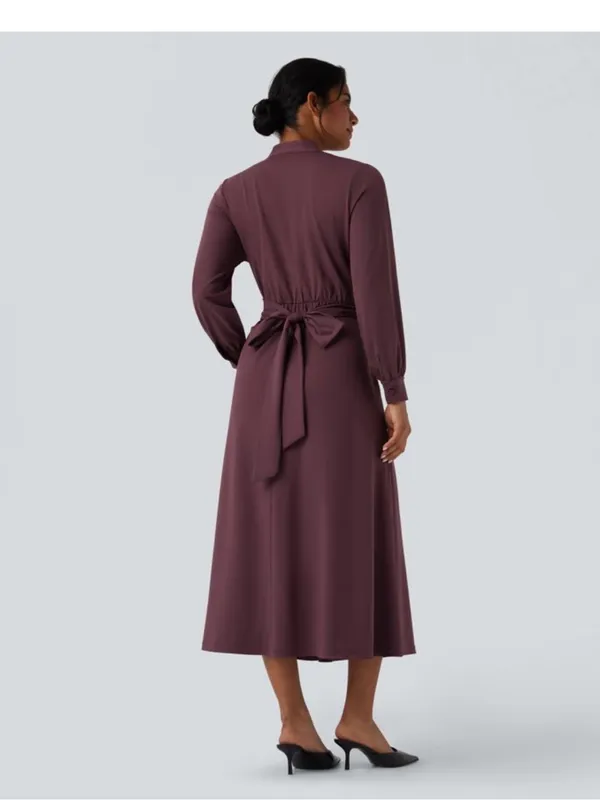 Halara NWT V-neck Long Sleeve Tie Back Midi Work Dress with Pockets in Plum Wine - Image 2