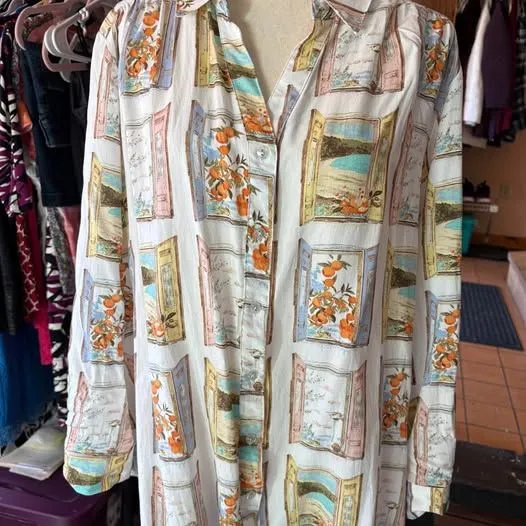Long Sleeve Button-Down Shirt with Window and Orange Print 1X - Image 2