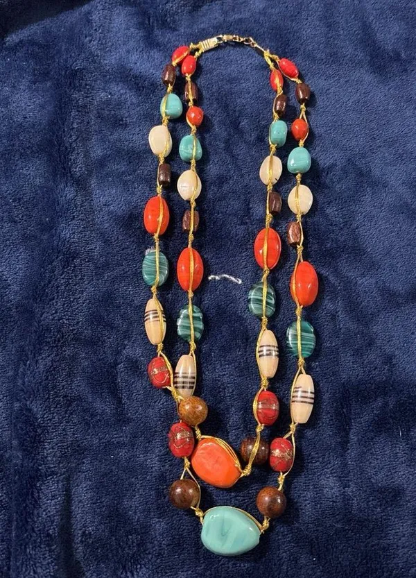 Boho Layered Necklace Multicolor Glass Bead Station Gold Tone Wrapped Chain - Image 2