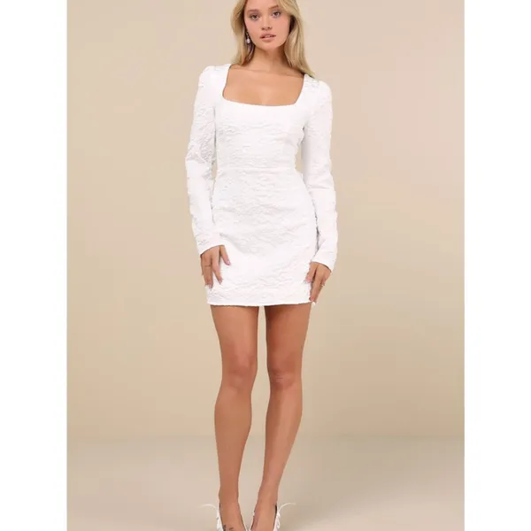 Lulus Elevated Icon White Jacquard Long Sleeve Bow Mini Dress Size Medium Bridal - Image 3