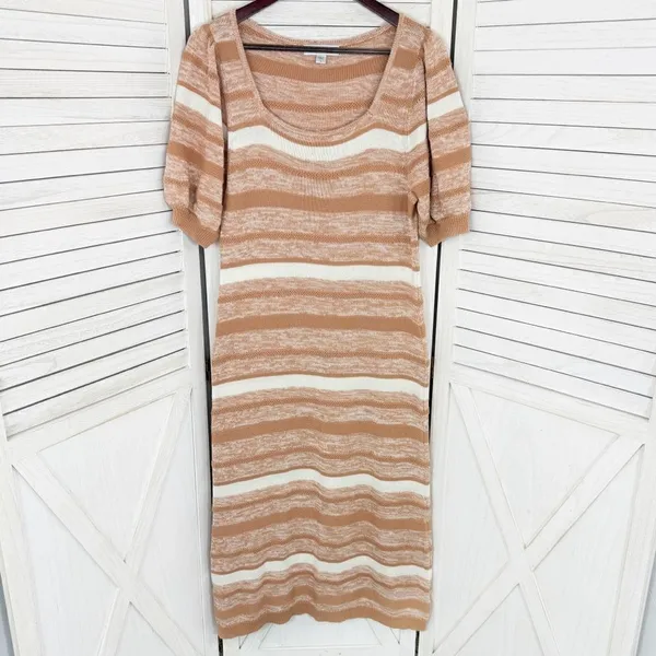 Amour Vert‎ Vivienne Striped Knit Sweater Dress Tan White Large Puff Sleeve Midi - Image 9