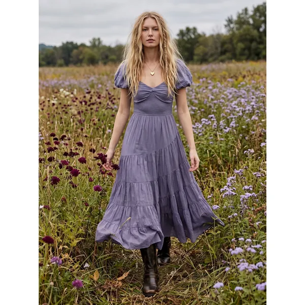 Free People Dainty Ethereal Sundrenched Short Sleeve Maxi Size Medium Plum Dust - Image 16
