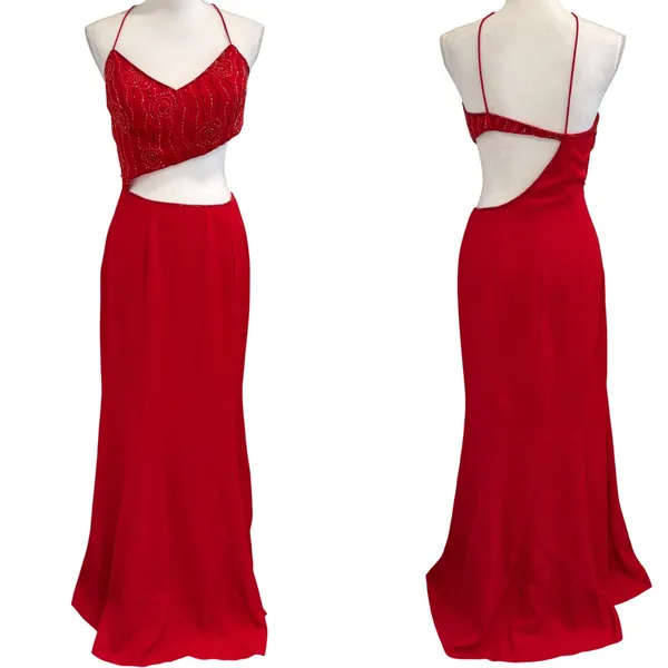 VTG Y2K Showtime Red Beaded Asymmetrical Midriff Cutout Prom Gown Sexy Witch 90s - Image 2