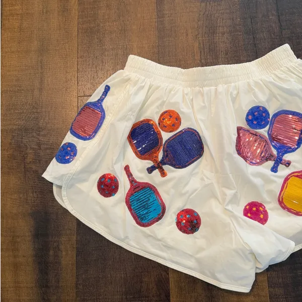 Queen of Sparkle Pickleball Sequin Athletic Running Shorts White Size Medium - Image 6