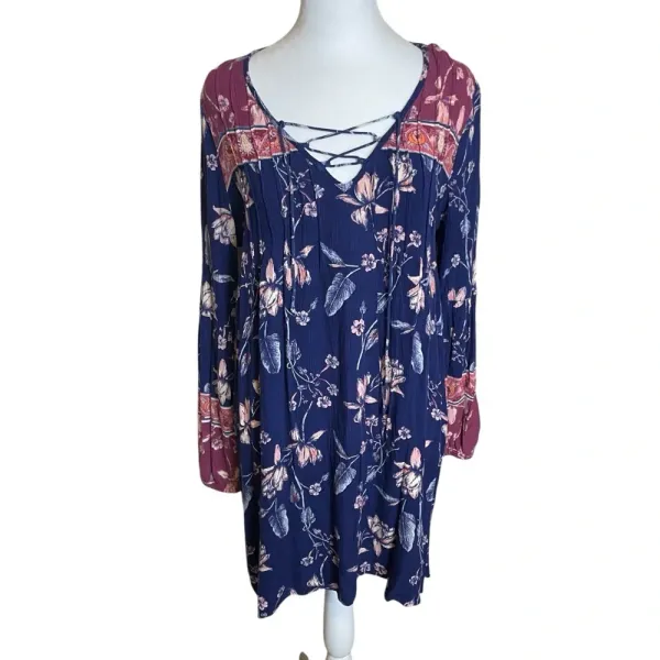 Billabong Pink & Blue‎ Floral Just Like You Dress Medium Boho Peasant Flowy - Image 3