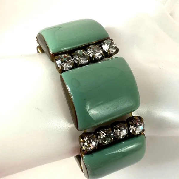 Green gold tone and rhinestone stretch bracelet - Image 3