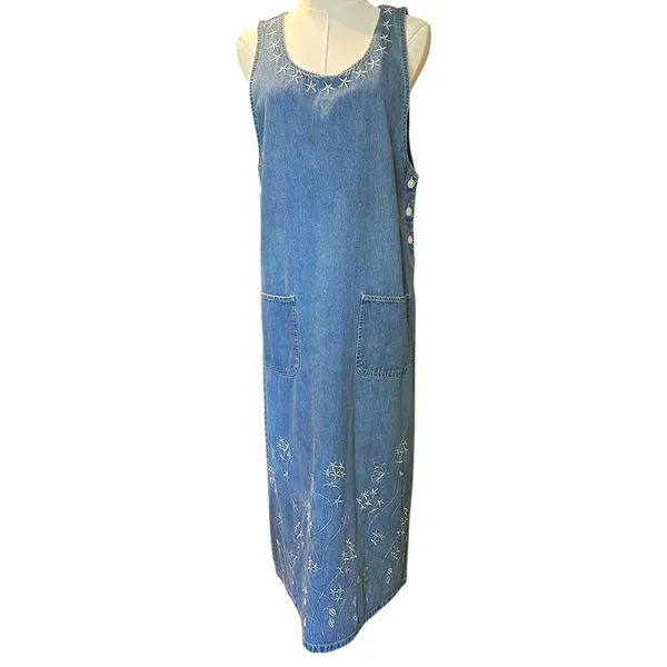 Denim Midi Dress VTG Embroidery Front Pockets Boho Western SZ M Carolina Bay - Image 6