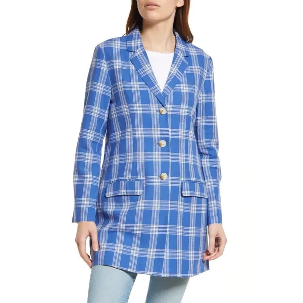 BB Dakota Steve Madden Women's Blue White Plaid Long Blazer Jacket Collared S - Image 14