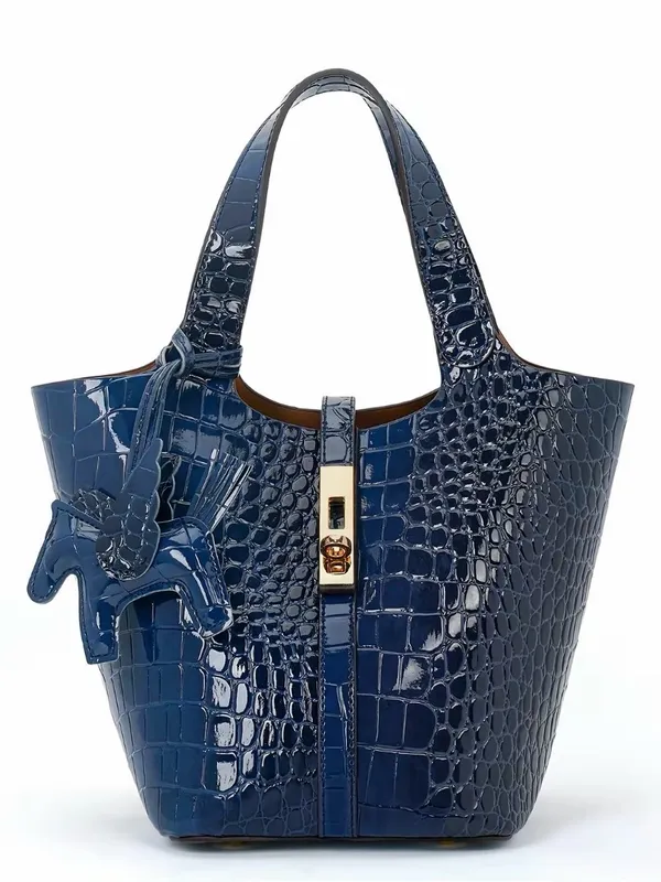 Luxury Navy Blue Croc-Embossed Bucket Bag with Gold Hardware & Charm - Image 2