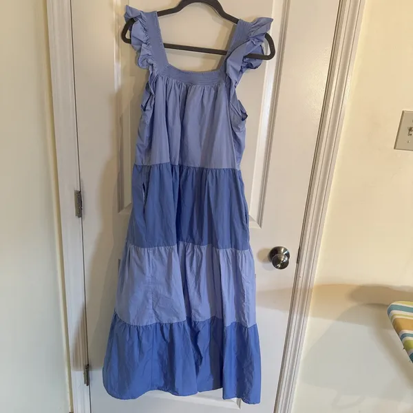 ENGLISH FACTORY Blue Colorblock Tiered Cotton Midi Dress Sz Medium - Image 3