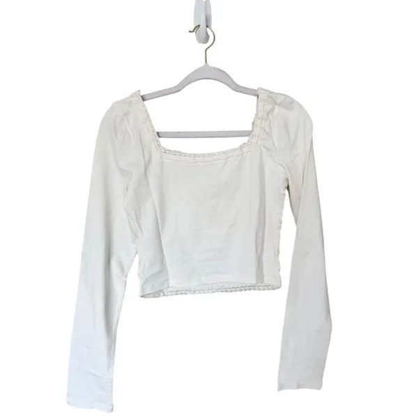 Free People Long Sleeve Lace Trim Crop Top Boho Ivory Size Large NEW - Image 5