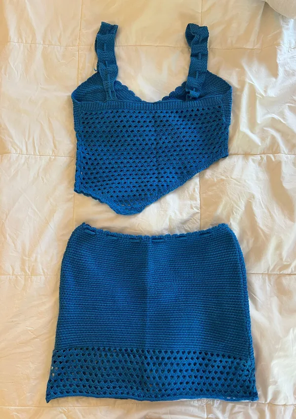 Crochet Knit Two Piece Set Blue - Image 2