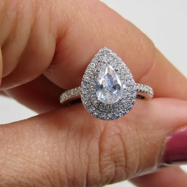 Macy's Silver Teardrop Diamond Cubic Zirconia Halo Ring S 925 Size 8 - Image 3