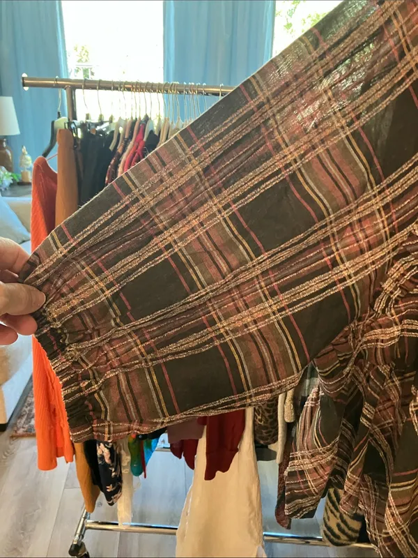 Umgee Brown and Pink Plaid Peplum Tunic - Image 4
