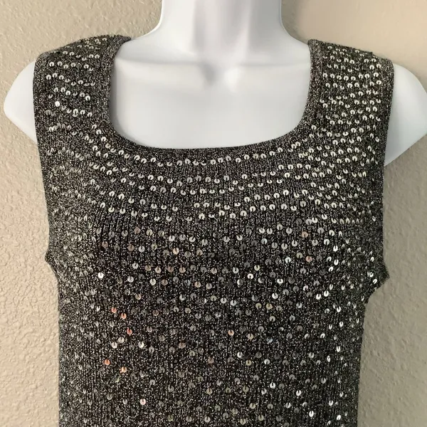 Vintage 90s Silver Sequin Holiday New‎ Years Eve Party Sparkly Ribbed Tank Top M - Image 3