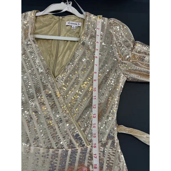 Nanette Lepore Sequin Wrap Dress Women Size 8 Gold Great Long Sleeve Velvet Belt - Image 9