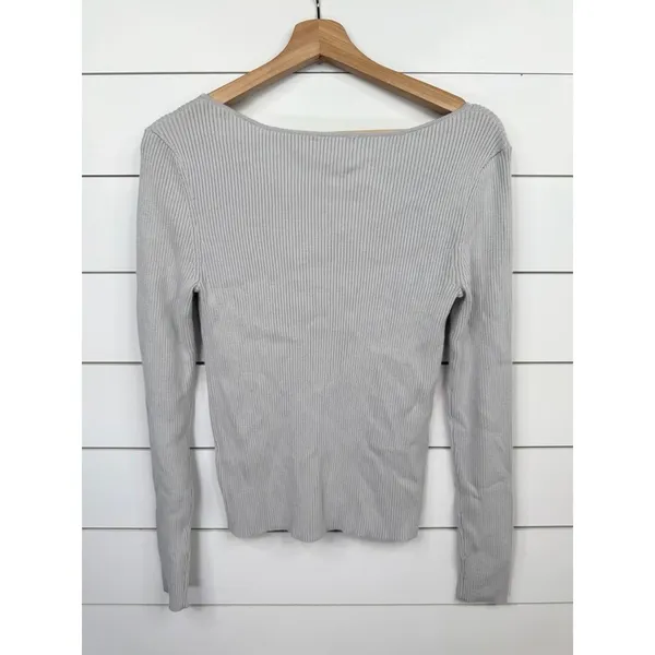 Open Edit Womens Size S Light Grey Ribbed Square V-Neck Fitted Long Sleeve Top - Image 3