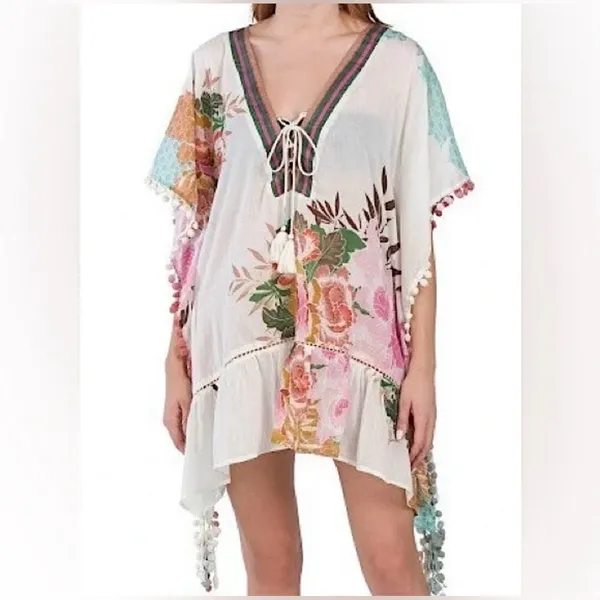 Z&L Europe Floral Textured Pom-Pom Open Front Pattern Airy Caftan Cover Up Sz L - Image 9