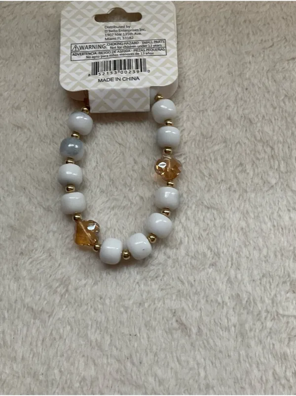 White Beaded Necklace with Gold and Amber Accents - Image 2