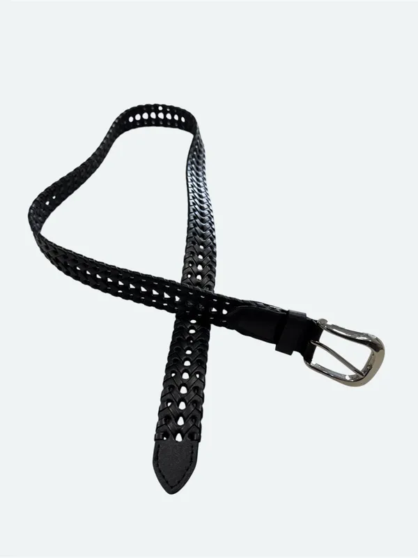Vintage Black Genuine Leather Woven Braided Belt Silver Buckle Small Unisex - Image 2