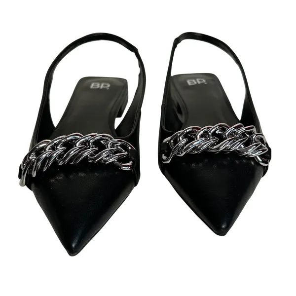 BP Black Pointed Toe‎ Slingback Flats with Silver Chain Detail Women's Size 6.5M - Image 2