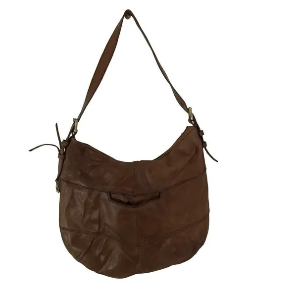 Hobo‎ International Brand Camel Leather Shoulder Bag with Blue Floral Liner - Image 6