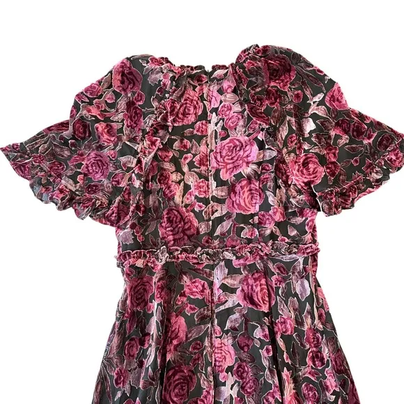 Salt Dark Rose Floral Burnout Velvet Midi‎ Dress Puff Sleeve Pink Purple Ruffle - Image 8