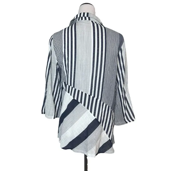 DAMEE Oversized Striped Button Up Shirt Small Wire Collar Blue Lagenlook Artsy - Image 3