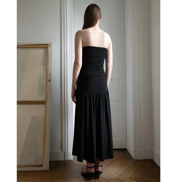 Pixie Market Women's Solid Ruched Black Strapless Flared Long Maxi Dress Size L Size L - Image 4