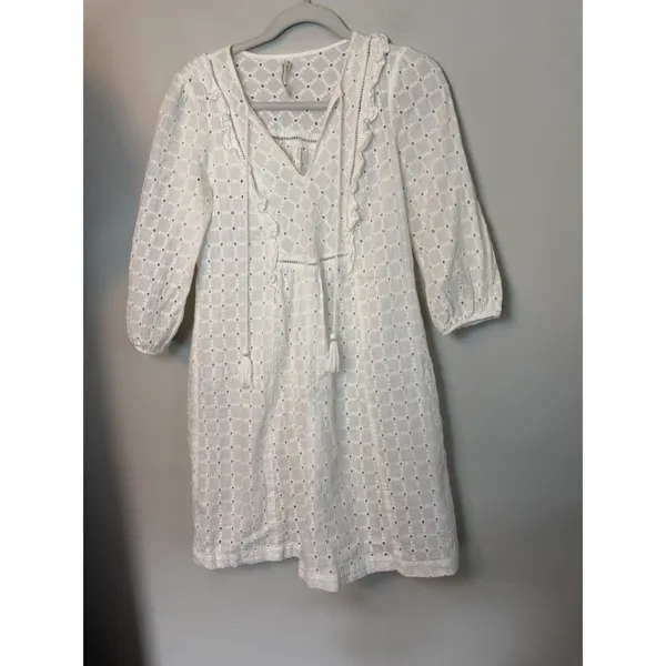 Anthropologie White Eyelet V Neck Mini Dress Tassels Sz 0 NEW - Image 8